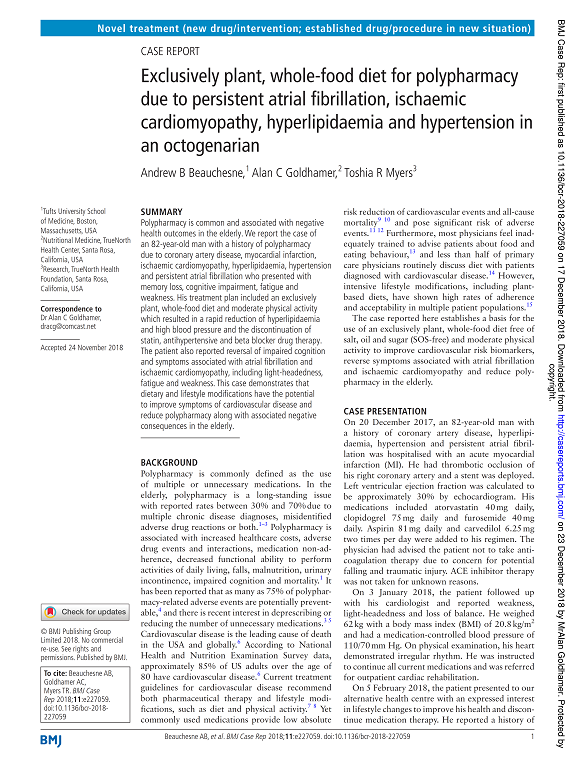 Exclusively plant, whole-food diet for polypharmacy due to persistent atrial fibrillation, ischaemic cardiomyopathy, hyperlipidaemia and hypertension in an octogenarian