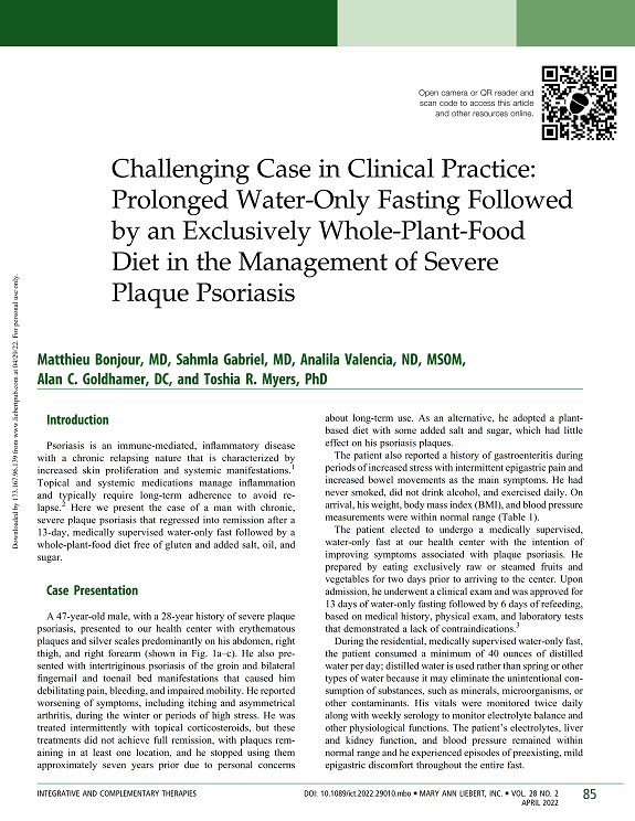 Challenging Case in Clinical Practice: Prolonged Water-Only Fasting Followed by an Exclusively Whole-Plant-Food Diet in the Management of Severe Plaque Psoriasis