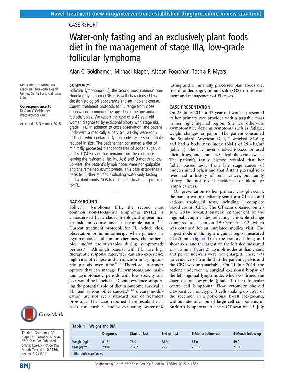 Water-only fasting and an exclusively plant foods diet in the management of stage IIIa, low-grade follicular lymphoma