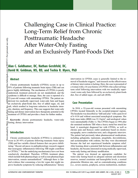 Challenging Case in Clinical Practice: Long-Term Relief from Chronic Posttraumatic Headache After Water-Only Fasting and an Exclusively Plant-Foods Diet