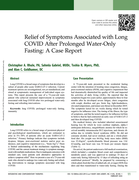 Relief of Symptoms Associated with Long COVID After Prolonged Water-Only Fasting: A Case Report